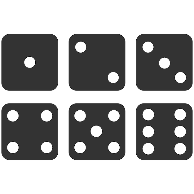 Conjunto de seis dados negros aislados sobre un fondo blanco