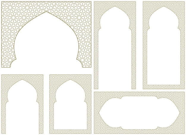 Un conjunto de seis elementos de diseño Adorno en estilo geométrico árabe