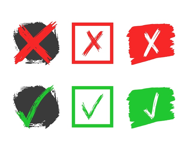 Conjunto de seis elementos de verificación y signo de cruz dibujados a mano aislados sobre fondo blanco Marca de verificación verde de garabato grunge OK y X roja en diferentes iconos Ilustración vectorial