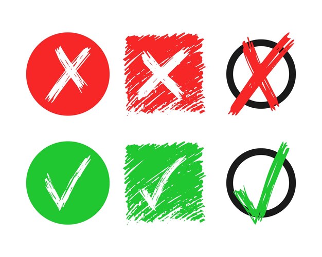 Conjunto de seis elementos de verificación y signo de cruz dibujados a mano aislados sobre fondo blanco Marca de verificación verde de garabato grunge OK y X roja en diferentes iconos Ilustración vectorial