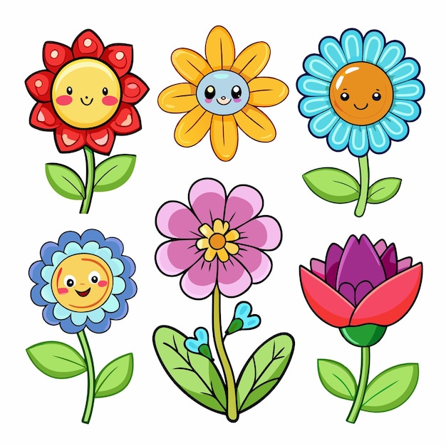 Conjunto de seis flores de dibujos animados con caras felices