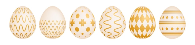 Conjunto de seis huevos de pascua dorados sobre fondo blanco decoración de regalo de vacaciones ilustración vectorial