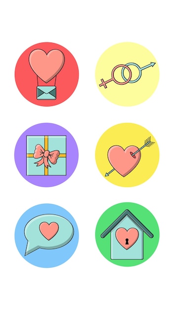 Un conjunto de seis iconos redondos para la casa de globos con letras de regalo de corazón con artículos de vacaciones de amor
