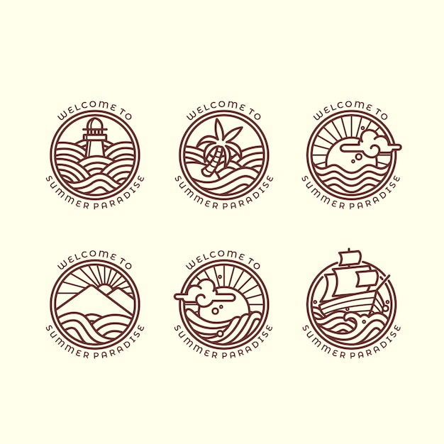 Vector conjunto de seis ilustraciones de contorno relacionadas con el mar y las olas diferentes para el logotipo de verano