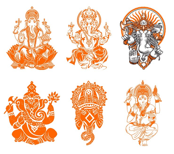 Un conjunto de seis ilustraciones de las cuatro deidades del dios hindú Lord Ganesh