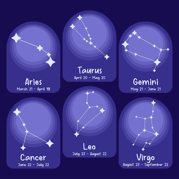 Conjunto de seis ilustraciones vectoriales de colores simples de las constelaciones de un signo del zodiaco