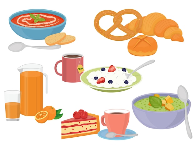 Conjunto de seis imágenes en color de la olla de sopa de tomate con café de jugo de naranja y gachas de sopa de pesto de pastel con té