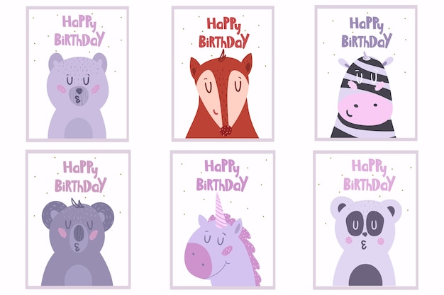 Conjunto de seis lindas tarjetas de felicitación con animales. ilustración.