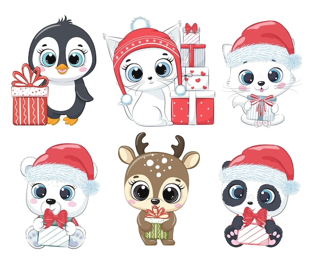Un conjunto de seis lindos animales para Año Nuevo y Navidad. Gatitos, pingüino, oso polar, ciervo, panda. Ilustración vectorial de una caricatura.