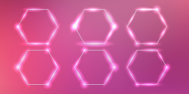 Conjunto de seis marcos hexagonales de neón con efectos brillantes y destellos sobre fondo rosa Fondo tecno brillante vacío Ilustración vectorial