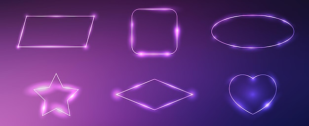 Conjunto de seis marcos de neón en diferentes formas geométricas con efectos brillantes y chispas en fondo púrpura oscuro telón de fondo techno brillante vacío Ilustración vectorial