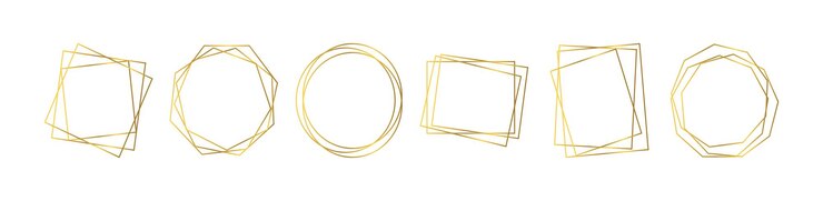 Vector conjunto de seis marcos poligonales geométricos dorados con efectos brillantes aislados sobre fondo blanco telón de fondo art deco brillante vacío ilustración vectorial