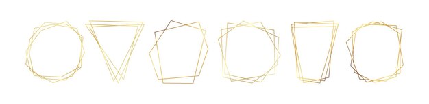 Conjunto de seis marcos poligonales geométricos dorados con efectos brillantes aislados sobre fondo blanco