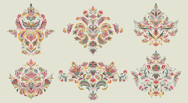 Conjunto de seis motivos orientales vectoriales con adorno paisley