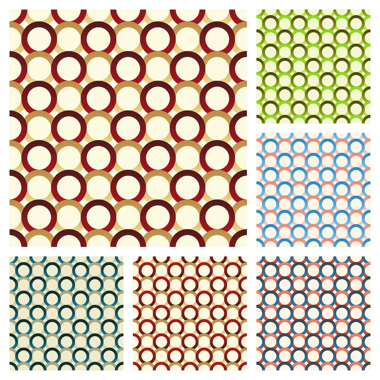 Vector conjunto de seis patrones sin fisuras que consisten en anillos multicolores.