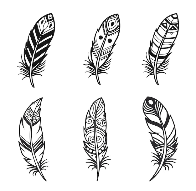 Conjunto de seis plumas estilizadas en blanco y negro