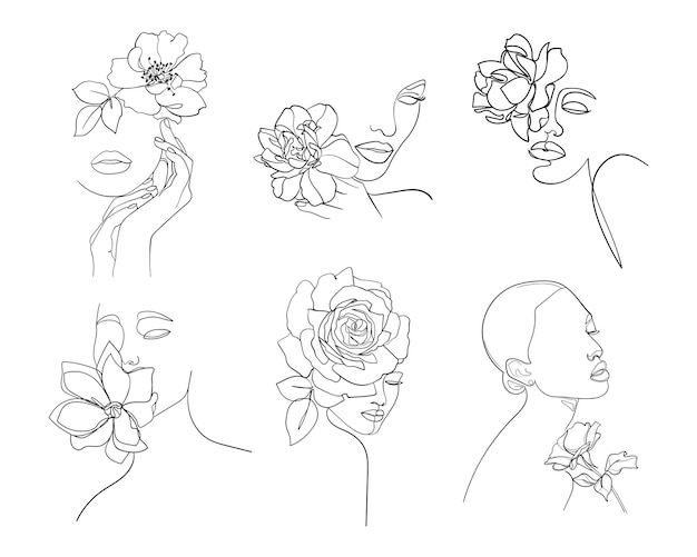 Conjunto de seis retratos, cara con flor. Ilustración de vector simple y minimalista de mujer hermosa. Dibujo lineal