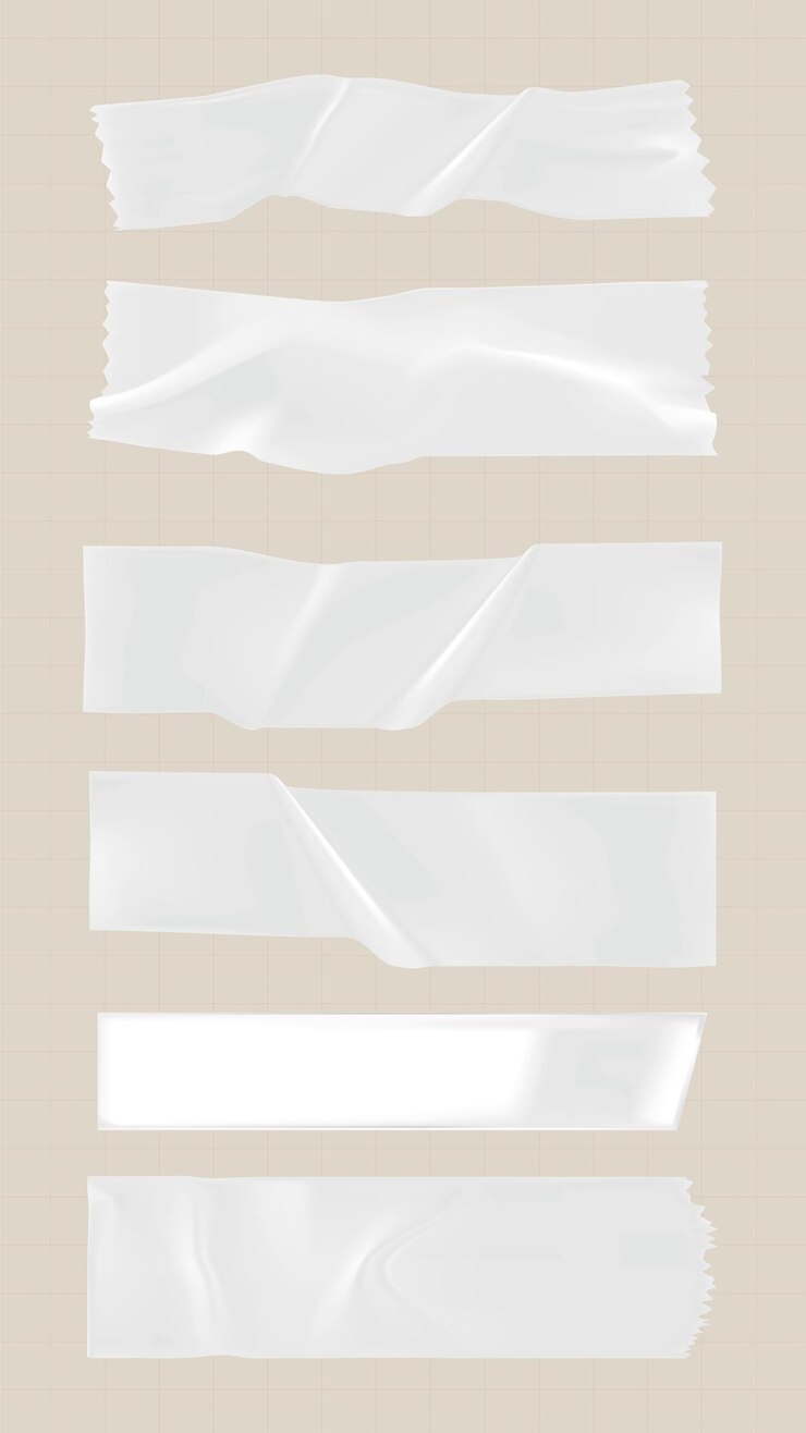 Conjunto de seis tiras de cinta adhesiva blanca sobre un fondo de cuadrícula beige Variaciones de cinta rasgada y lisa arrugada Perfecta para el diseño de álbumes de recortes y artesanías Conjunto vectorial de elementos de pegatinas y cinta