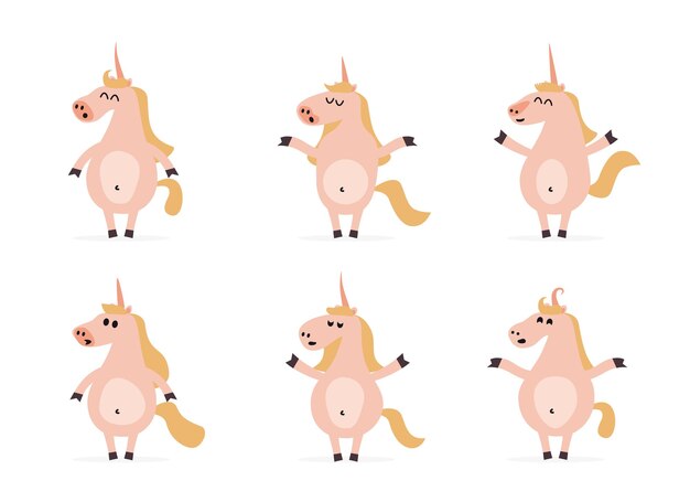 Conjunto de seis unicornios de dibujos animados en diferentes poses Varios animales fantásticos para la animación de personajes