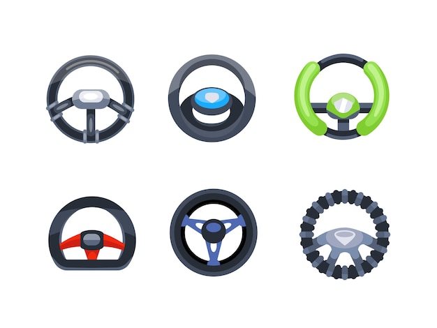 Conjunto de seis volantes que muestran diferentes estilos y diseños para conductores de todos los tipos de carreras