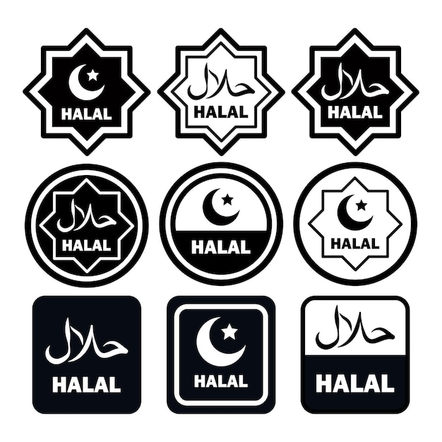 Conjunto de sellos de alimentos halal Nueve elementos para productos halal iconos con escritura árabe media luna y estrella Cada elemento está aislado Ilustración vectorial para el logotipo emblema pegatina sello