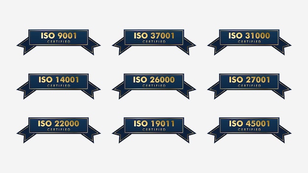 Vector conjunto de sellos de certificación iso y sistema de gestión de calidad de etiquetas iso 9001 iso 22000 iso 14001