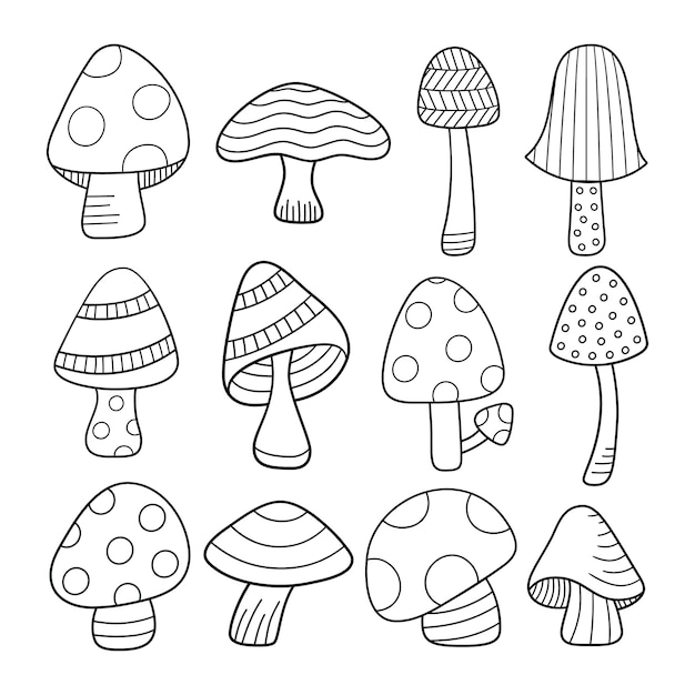 Conjunto de sellos digitales en blanco y negro Garabatos de hongos