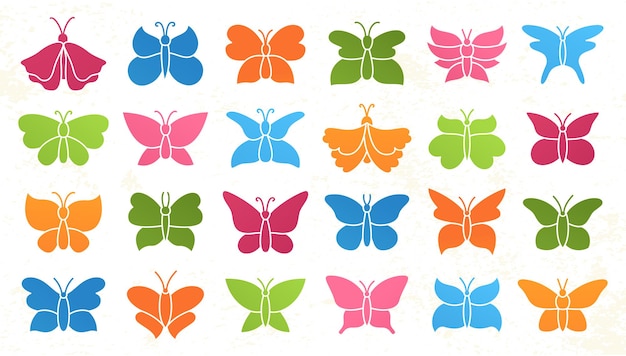 Conjunto de sellos exóticos de mariposas para el vector de impresión de la colección de símbolos de polillas de forma de signo de plantilla de álbum de recortes