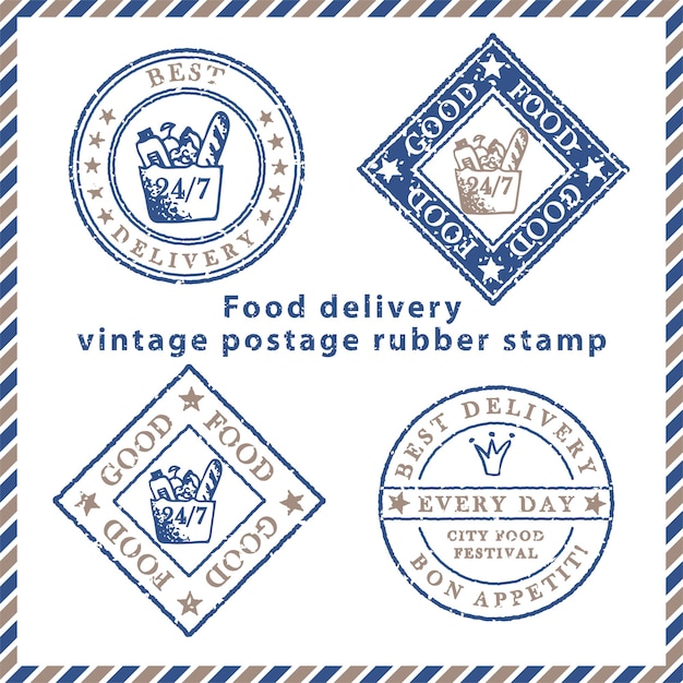 Conjunto de sellos de goma de entrega de alimentos grunge con textura vintage con símbolos de comida en colores azul y marrón clásicos para el diseño de carteles publicitarios de tarjetas postales volantes de venta de pancartas web