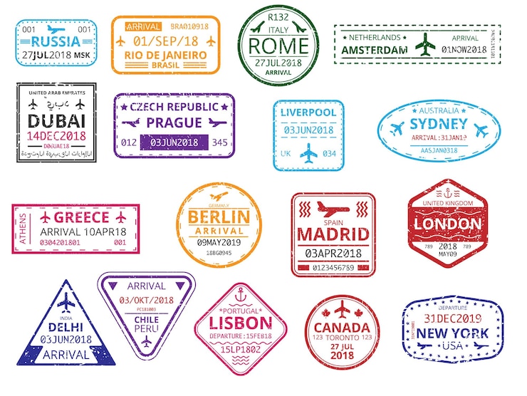 Conjunto de sellos personalizados de borde de color en pasaporte aislado sobre fondo blanco.