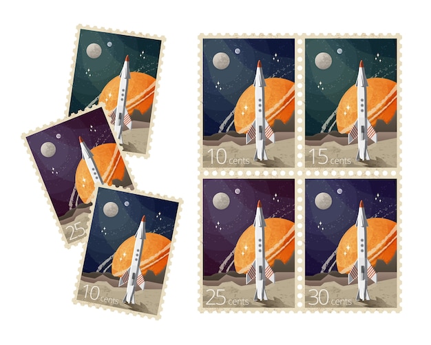 Conjunto de sellos postales abstractos muestra cosmos y cohetes con planetas