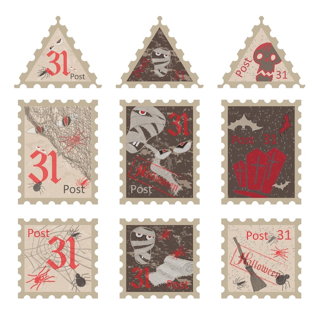 Vector conjunto de sellos postales antiguos para la fiesta de halloween