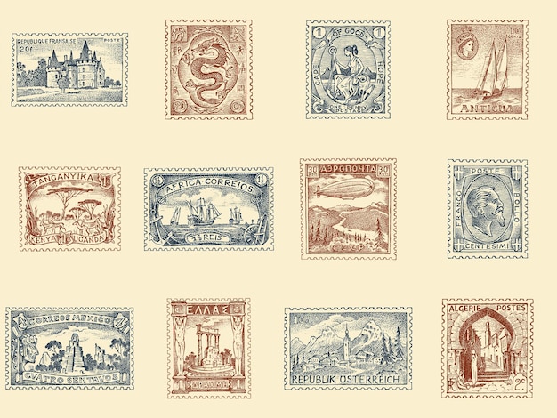 Vector conjunto de sellos postales antiguos paisajes antiguos dragón y velero retro antiguo boceto postal monocroma colección de marcos de marcas retro grabados dibujados a mano para imprimir carteles y logotipos