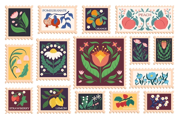 Conjunto de sellos postales con flores, frutas y bayas Marcas de correo inspiradas en la naturaleza floral con naranja granada