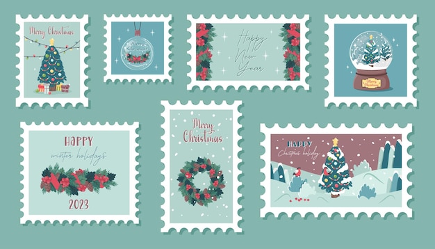 Conjunto de sellos postales navideños. Variedad de matasellos de vacaciones de invierno. Lindas pegatinas de correo en papel con corona navideña, árboles, regalos, pájaros, bola de cristal de nieve, texto de saludo. Ilustración plana vectorial