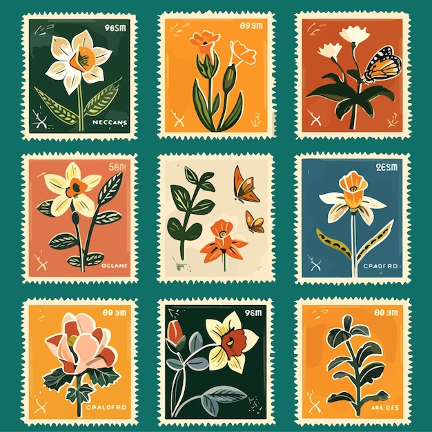Conjunto de sellos postales vectoriales Ilustraciones con flores de verano Elementos florecedores dibujados a mano