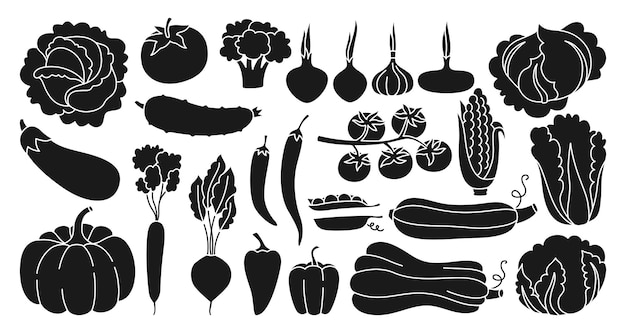 Vector conjunto de sellos de silueta de signo de verduras dieta saludable alimentos productos agrícolas verduras agricultura estilo de grabado