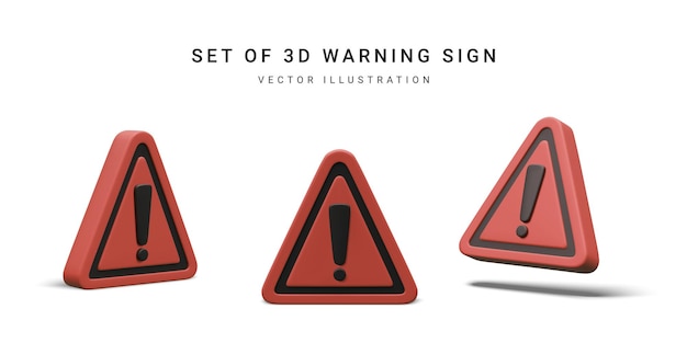 Conjunto de señal de advertencia de triángulo realista 3d con signo de exclamación aislado sobre fondo blanco Ilustración vectorial