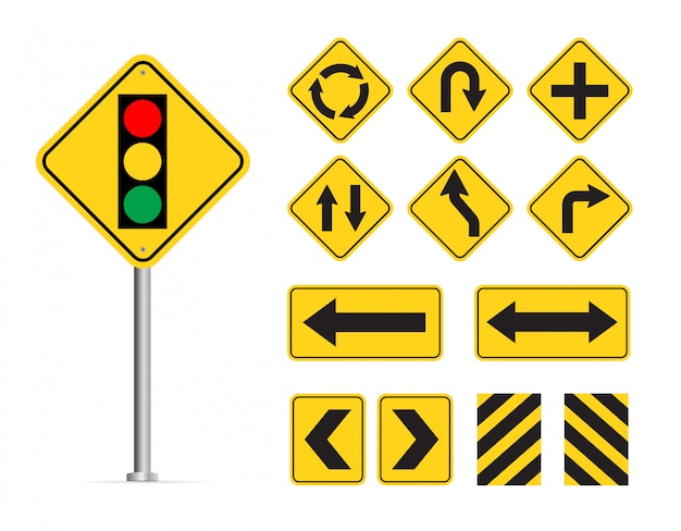 Conjunto de señal de tráfico amarillo aislado sobre fondo blanco.