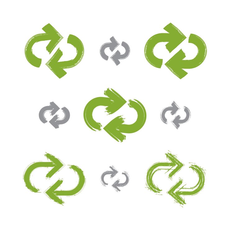 Vector conjunto de señales de actualización verdes pintadas a mano aisladas en fondo blanco, colección de icono de ecología de reutilización simple creado con pincel de tinta real dibujado a mano, escaneado y vectorizado. actualizar símbolo.