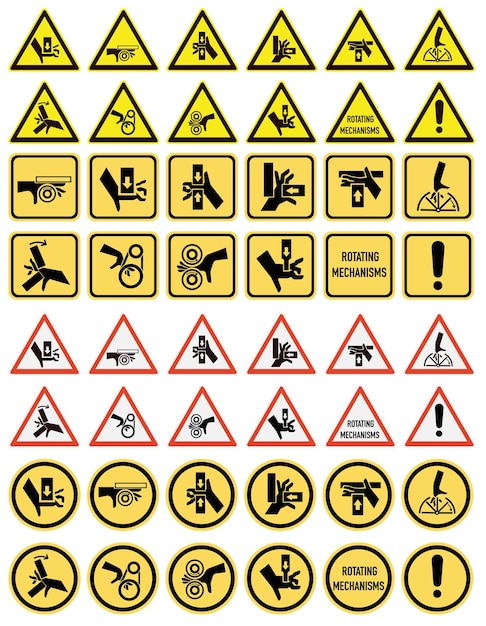 Vector conjunto de señales de advertencia iso fuerza de aplastamiento de manos esté atento masticar manos mutilación de manos