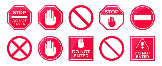 Conjunto de señales de alto prohibidas rojas en un diseño plano
