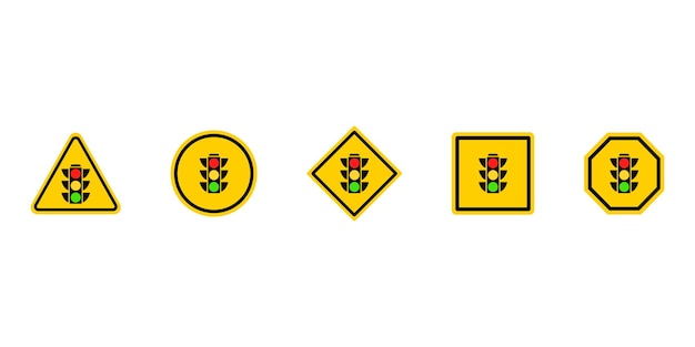 Conjunto de señales de carretera amarillas de advertencia de semáforo atención delante de semáforo vector 10 eps