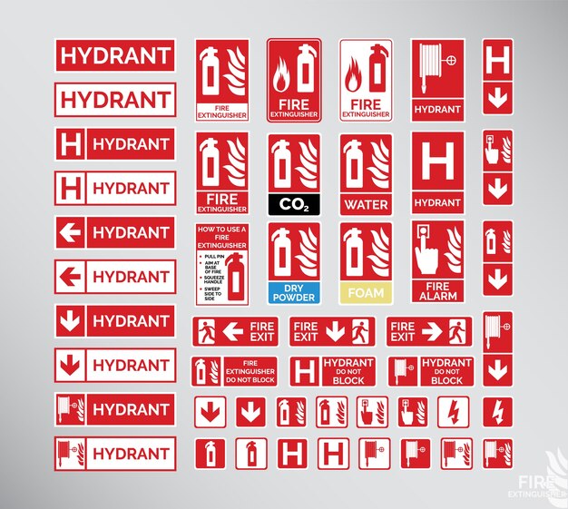 Vector conjunto de señales de emergencia (extintor de incendios, hidrante, salida de incendios)