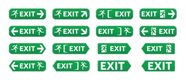 Vector conjunto de señales de escape de emergencia colección de iconos de salida verde ilustración de vector plano