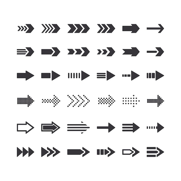 Conjunto de señales monocromáticas de flecha direccional. Iconos de dirección correcta, elementos gráficos del siguiente paso para la navegación del sitio web