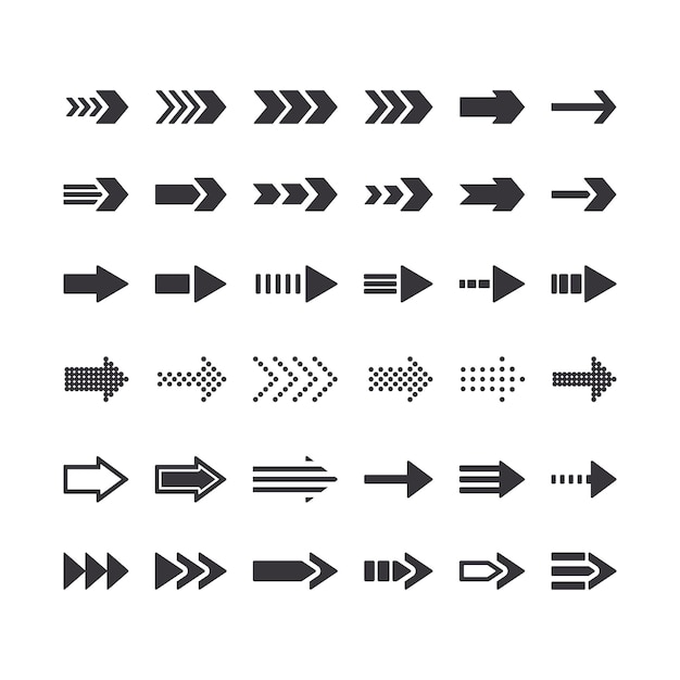 Vector conjunto de señales monocromáticas de flecha direccional. iconos de dirección correcta, elementos gráficos del siguiente paso para la navegación del sitio web