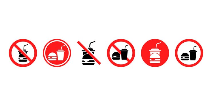 Vector conjunto de señales de no vector de alimentos adhesivo de prohibición roja con no comer y beber vector 10 eps
