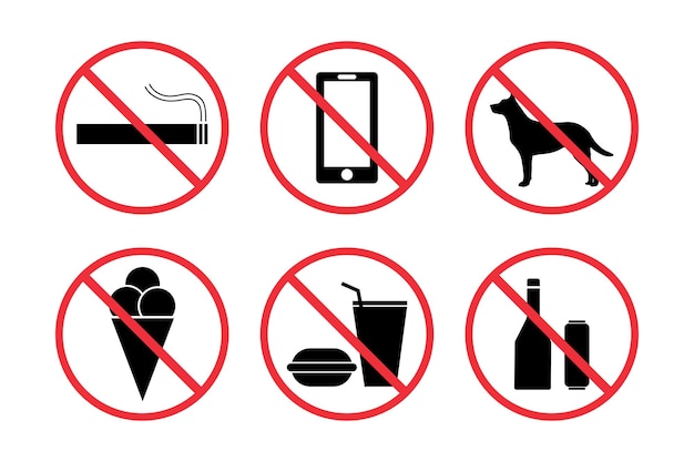 Conjunto de señales de prohibición No fumar no comer no alcohol no llamadas telefónicas no perros