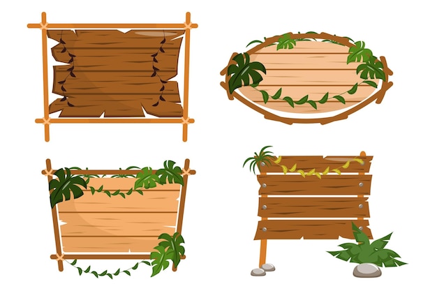 Conjunto de señales y punteros de madera vintage en estilo de dibujos animados Ilustración vectorial de hermosas tablas de madera de diferentes formas con plantas monstruos vides piedras aisladas sobre fondo blanco
